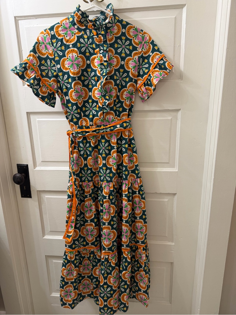 Green Floral Midi Dress with Tie Belt and Ruffle Trim